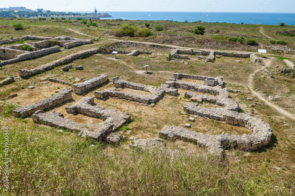 Remains of so called Five Apsed Church in ancient city Chersonesus Taurica, Sevastopol, Crimea. Building was founded in X century as one of main temples of city.