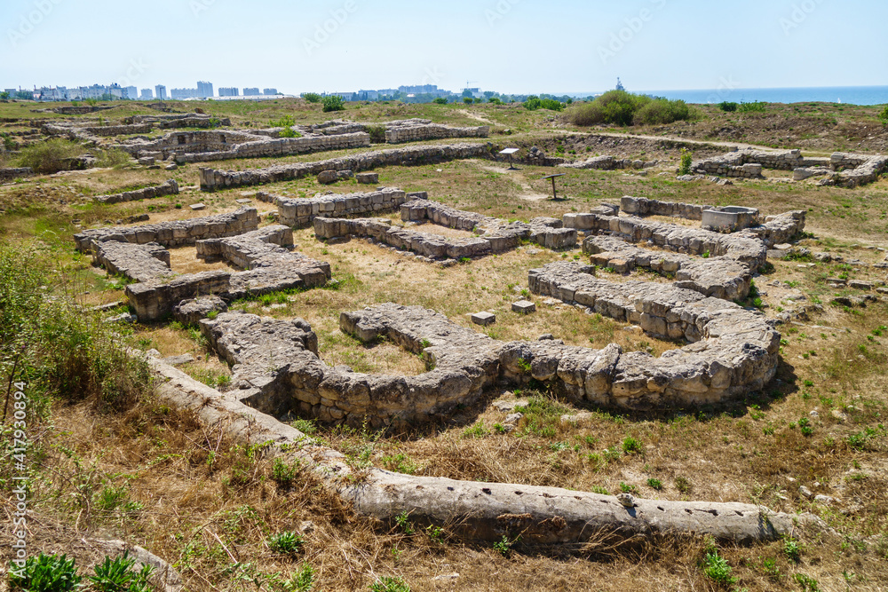 Panorama of remains of ancient buildings in Chersonesus, Sevastopol, Crimea. Five apsed church is on foreground. It was built in late 10th century as one of largest churches on city