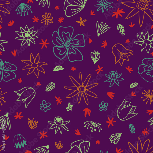 Floral hand drawn vector seamless pattern. Background with abstract flowers. Purple colors ornament in doodles style. Simple botanical design for print, card, textile, fabric, wallpaper, decor, wrap.