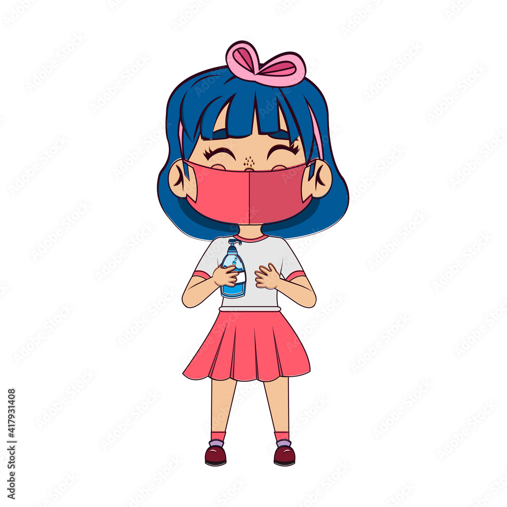 Girl with antibacterial gel and face mask - Vector Girl with antibacterial gel and face mask - Vector