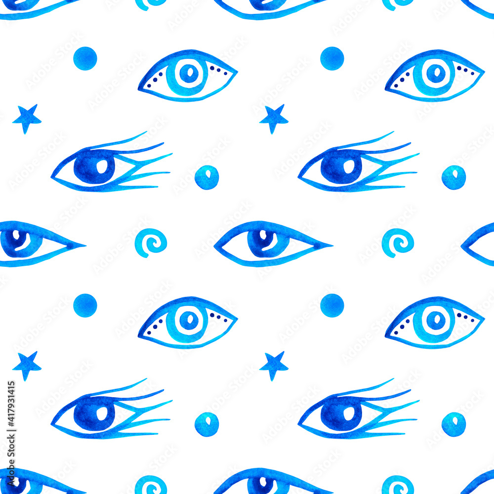 Seamless pattern with blue eyes on white background. Hand painted watercolor illustration. Backdrop for wallpapers and souvenirs in yoga and mental health themes. Picture for talismans from evil eye. Seamless pattern with blue eyes on white background. Hand painted watercolor illustration. Backdrop for wallpapers and souvenirs in yoga and mental health themes. Picture for talismans from evil eye.