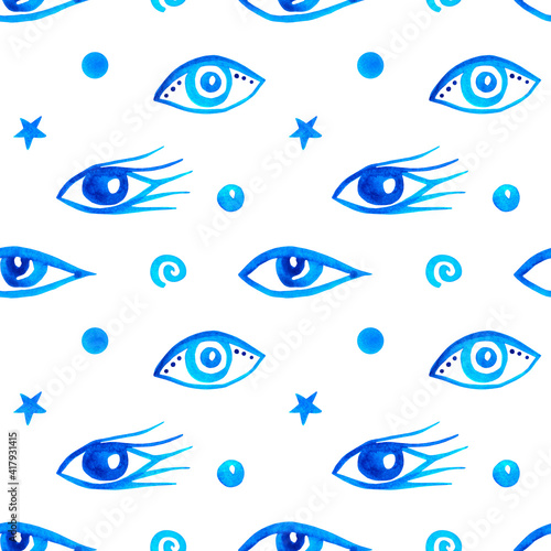 Seamless pattern with blue eyes on white background. Hand painted watercolor illustration. Backdrop for wallpapers and souvenirs in yoga and mental health themes. Picture for talismans from evil eye.