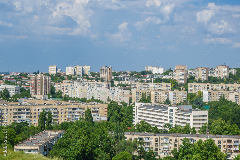 Panorama of a residential quarter of post-Soviet city. It's possible to see many classic types of buildings traditional for Eastern Europe and former USSR countries in 2nd half of XX century.
