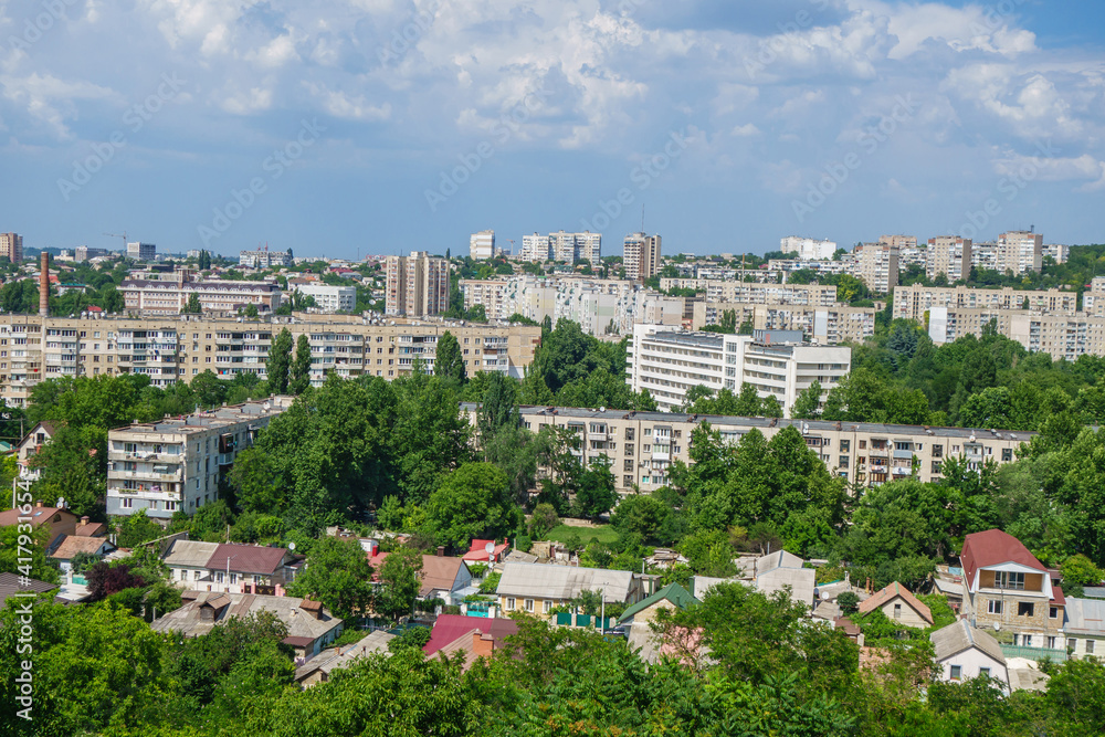 Panorama of residential block of post-Soviet city. Classic types of buildings: long forms and sand-like colors. It's almost traditional for Eastern Europe and former USSR countries in late of XX