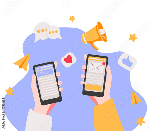 WebReading news on mobile device concept. Vector of a hand holding smartphone with news website. Online newspaper media. Newsletter content advertisement on internet. Breaking news vector illustration