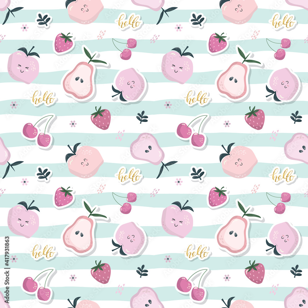 Cartoon seamless pattern. Summer fruit background. Girly. Raster Cartoon seamless pattern. Summer fruit background. Girly. Raster