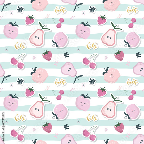 Cartoon seamless pattern. Summer fruit background. Girly. Raster