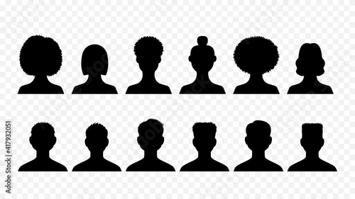 Male and female avatars silhouettes isolated set. Black outlines young people with trendy hairstyles of various ethnic groups for users social networks and web vector sites.