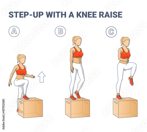 Step Up with a Knee Raise Exercise for Female Home Workout Guidance Colorful Illustration.