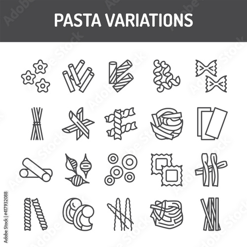 Original italian pasta variations black line icons set.