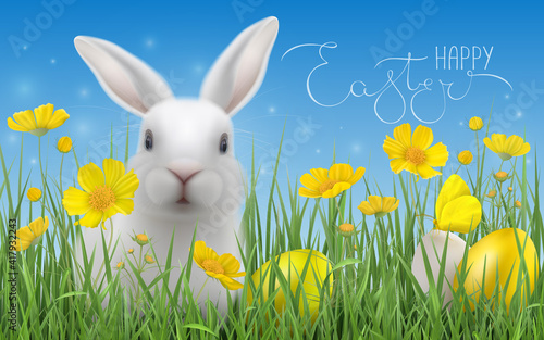 Happy Easter greeting card with hare in grass and flowers