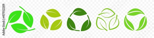Waste recycling cycle in form leaves isolated set. Green eco vortex of organic decontamination deciduous triangle nature friendly vector.