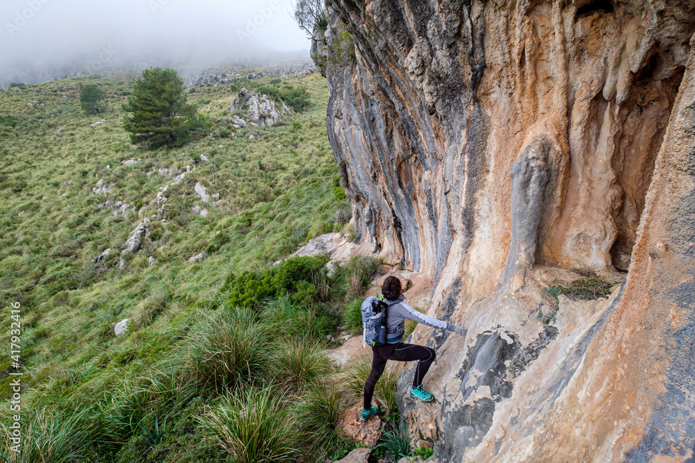 Obraz premium walkers ascending Coll Ciuro, Mortix, Escorca, Mallorca, Balearic Islands, Spain