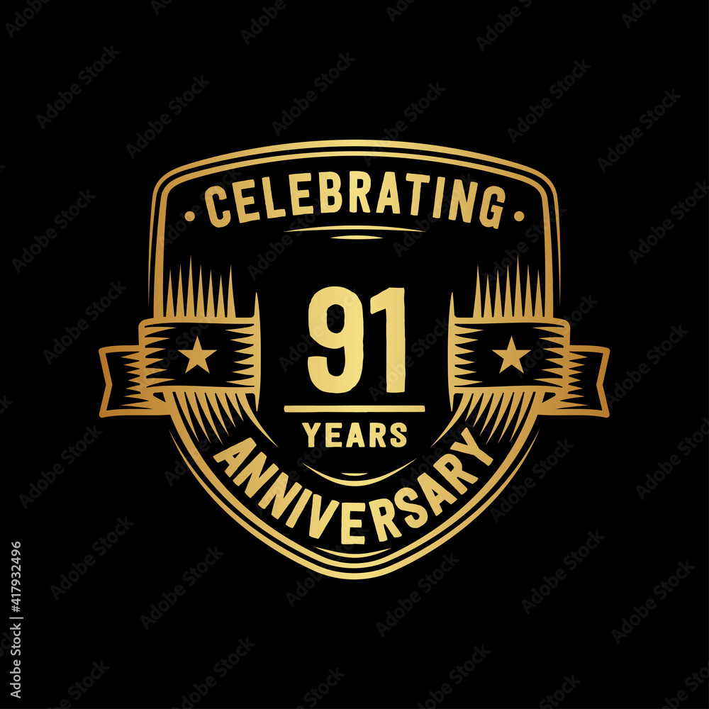 91 years anniversary celebration shield design template. Vector and illustration.