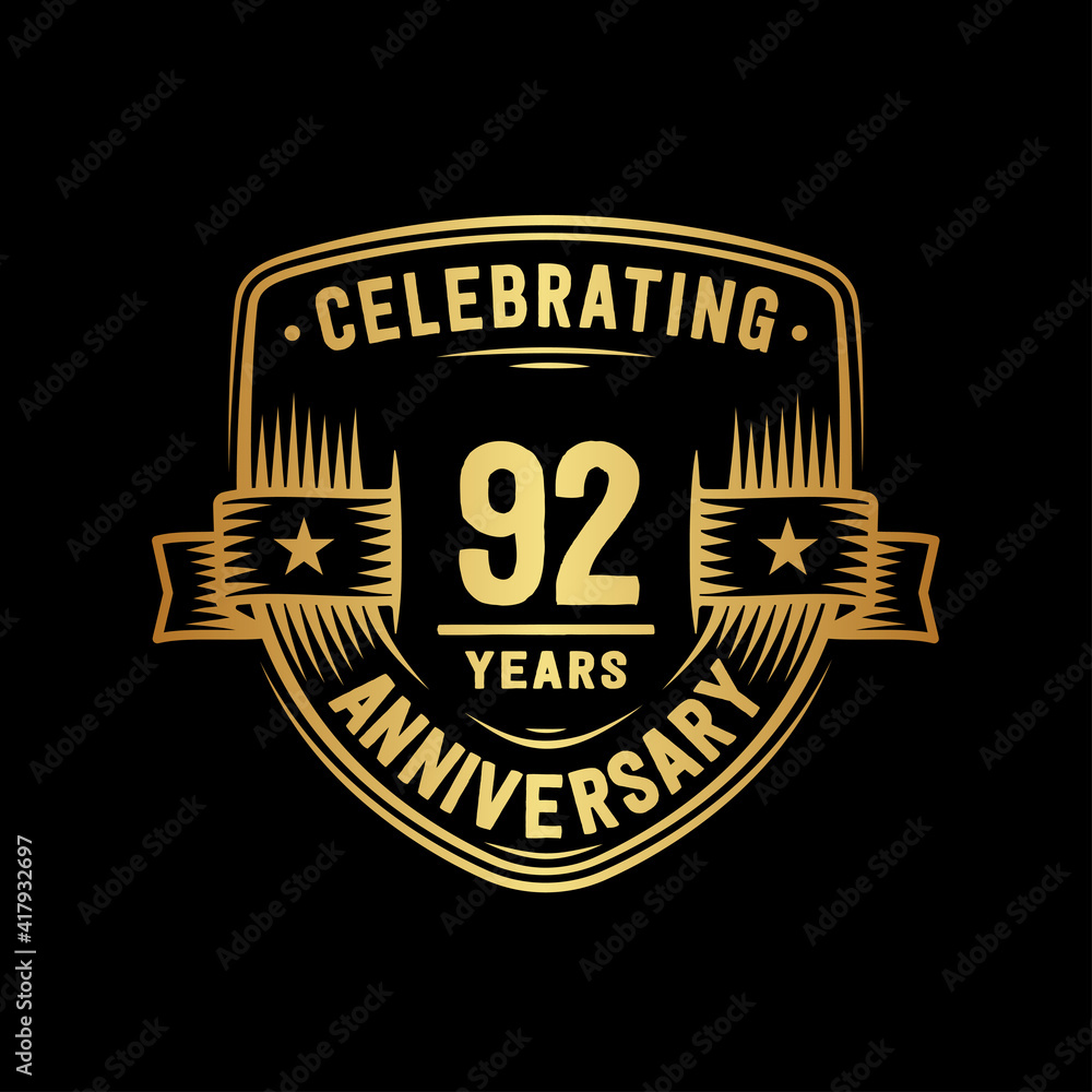 92 years anniversary celebration shield design template. Vector and illustration.