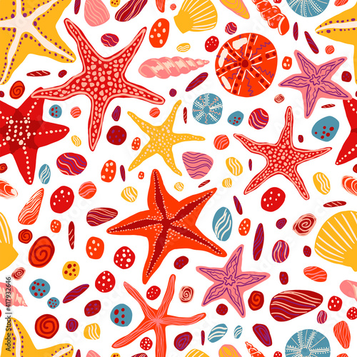 Starfishes, shells and stones flat hand drawn vector seamless pattern. Colorful wallpaper in scandinavian style. Summer sea background. Abstract design for prints, wrap, textile, fabric, decor, cards.