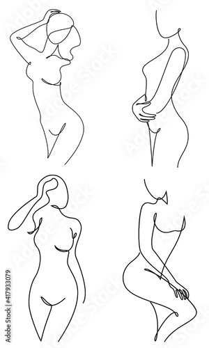 Collection. Silhouette of a beautiful lady in a modern style one line. Continuous line drawing, contour for decor, posters, wall art, stickers, logo. Vector illustration set.