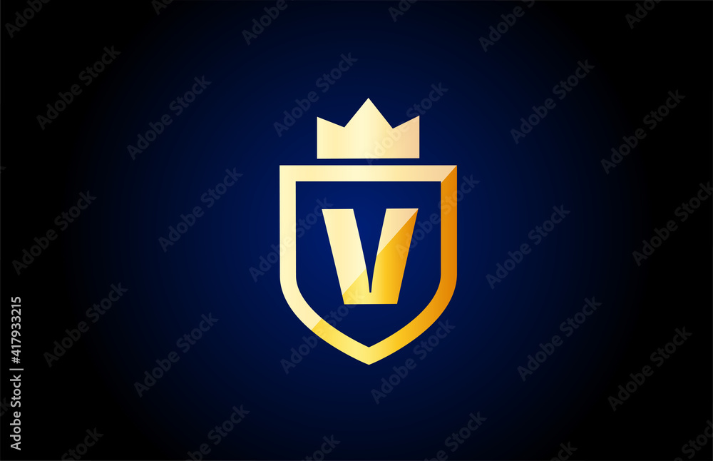 gold V alphabet letter logo icon. Design for business and company identity with shield and king crown gold V alphabet letter logo icon. Design for business and company identity with shield and king crown