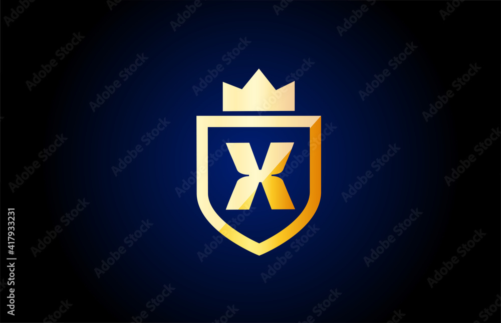 gold X alphabet letter logo icon. Design for business and company identity with shield and king crown gold X alphabet letter logo icon. Design for business and company identity with shield and king crown