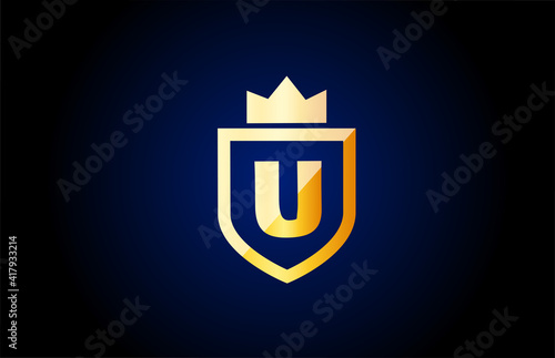 Free Download gold U alphabet letter logo icon. Design for business and company identity with shield and king crown - GFXLoad