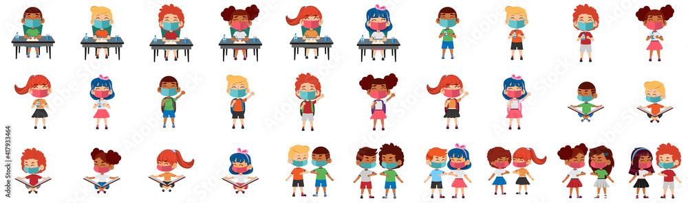 Set of children at school. Biosafety protocols for schools - Vector Set of children at school. Biosafety protocols for schools - Vector