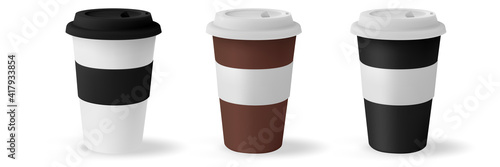 White mockup paper cup for hot coffee with black lid isolated on white background. Takeaway blank small tea cup for your design text or banner of brand.