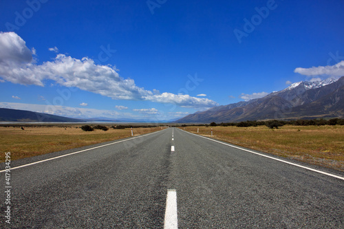 Scenic road along Lake Pukaki in New Zealand