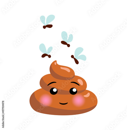 Shit or turd emoji vector icon with flies and happy smile on a face, isolated illustration in flat cartoon and kawaii style