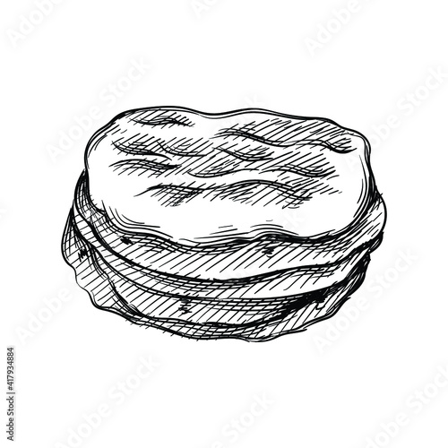 Hand drawn sketch of Indian tortillas on a white background. Indian cuisine. Food. Meals. 