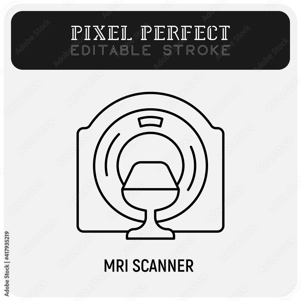 MRI scanner thin line icon. Medical equipment for oncology detection. Pixel perfect, editable stroke. Vector illustration. MRI scanner thin line icon. Medical equipment for oncology detection. Pixel perfect, editable stroke. Vector illustration.