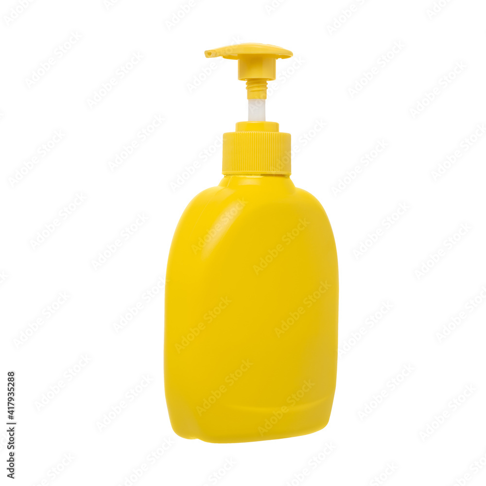 Yellow bottle dispenser of soap isolated on white background. Yellow bottle dispenser of soap isolated on white background.