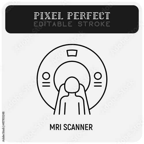 Human in MRI scanner thin line icon. Medical equipment for oncology detection. Pixel perfect, editable stroke. Vector illustration.