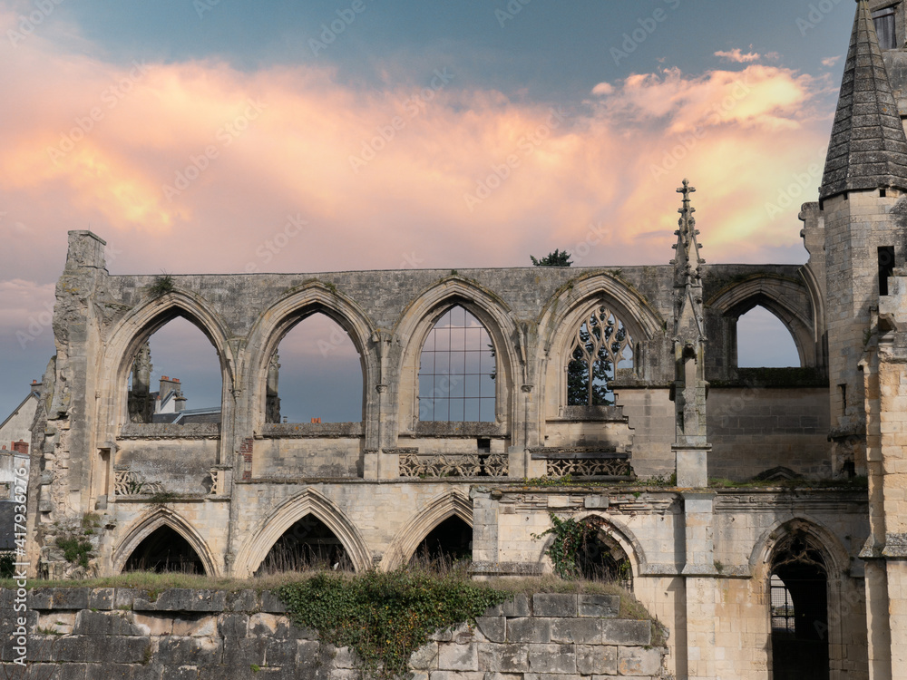 Caen, France, February 2021 Ruins of the Abbey of Caen in Normandy with a picturesque beautiful sky in the background