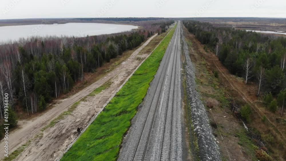 Aerial view on railway track. Autumn day. Aerial view on railway track. Autumn day.