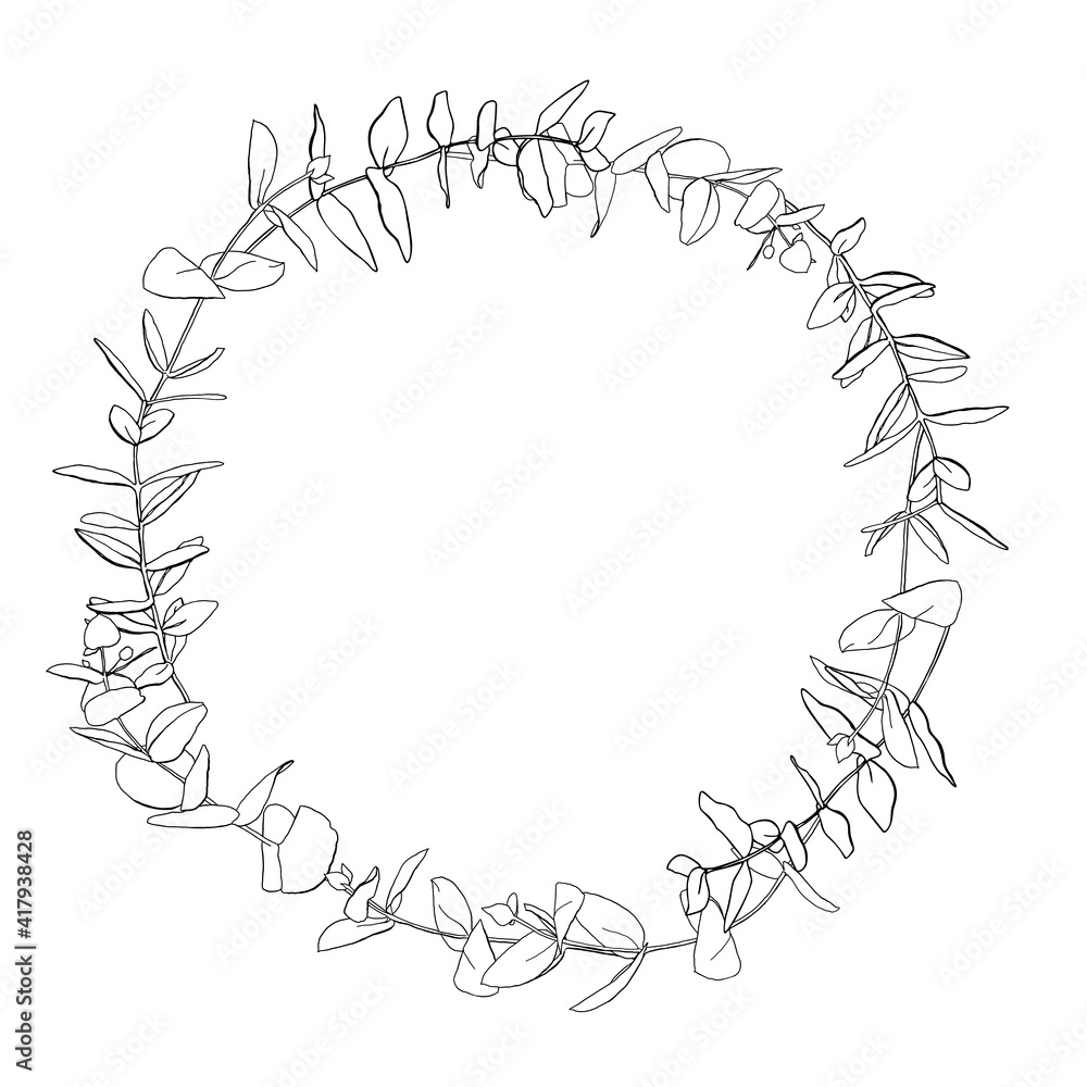 Watercolor linear wreath of eucalyptus leaves, branches and seeds. Hand painted silver dollar plants isolated on white background. Floral illustration for design, print, fabric or background. Watercolor linear wreath of eucalyptus leaves, branches and seeds. Hand painted silver dollar plants isolated on white background. Floral illustration for design, print, fabric or background.