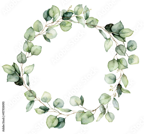 Watercolor wreath of eucalyptus branches, seeds and leaves. Hand painted silver dollar eucalyptus isolated on white background. Floral illustration for design, print, fabric or background.