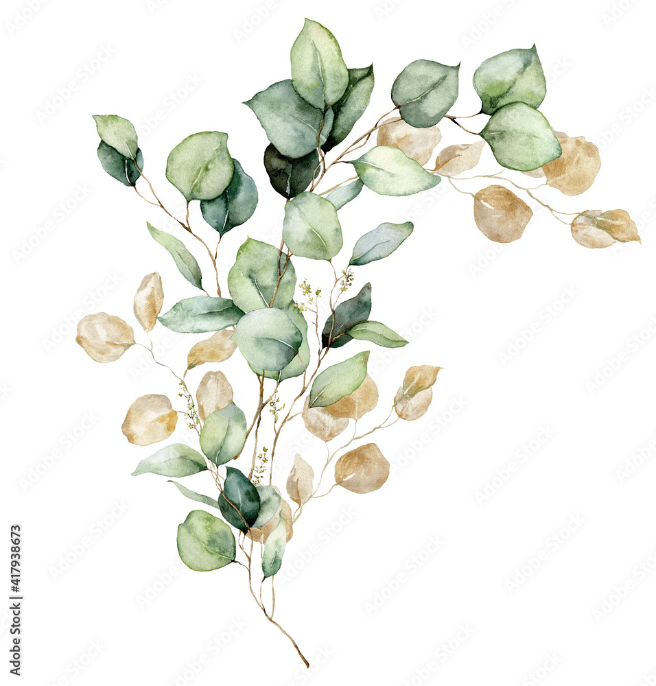 Watercolor floral card of gold eucalyptus seeds, leaves and branches