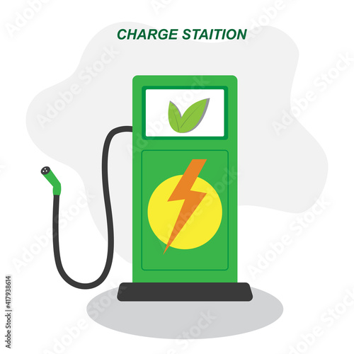 Electric car vehicle charging from charger station near city vector illustration, concept of eco city with modern recharging automobile flat cartoon style