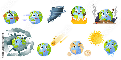 Set of planet earth in cartoon style with climate change problem, pollution and disasters.