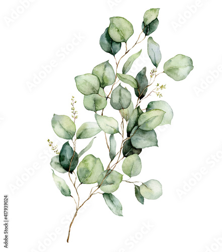 Canvas Print Watercolor floral card of eucalyptus branches, leaves and seeds