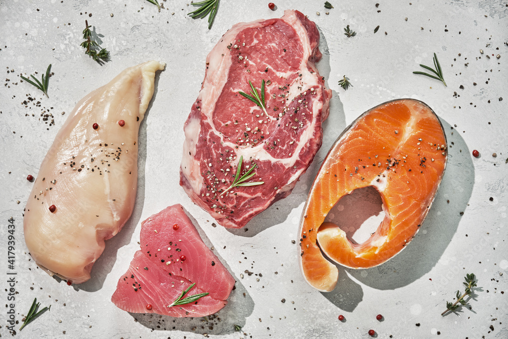 Beef meat, salmon fish steak and chicken breast. Raw food. Beef meat, salmon fish steak and chicken breast. Raw food.