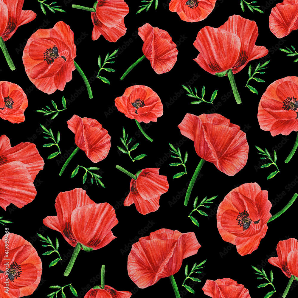 Watercolor pattern with wild red poppies on a black background. Surface design for interior decoration, textile printing, prints, packaging, cover and more.