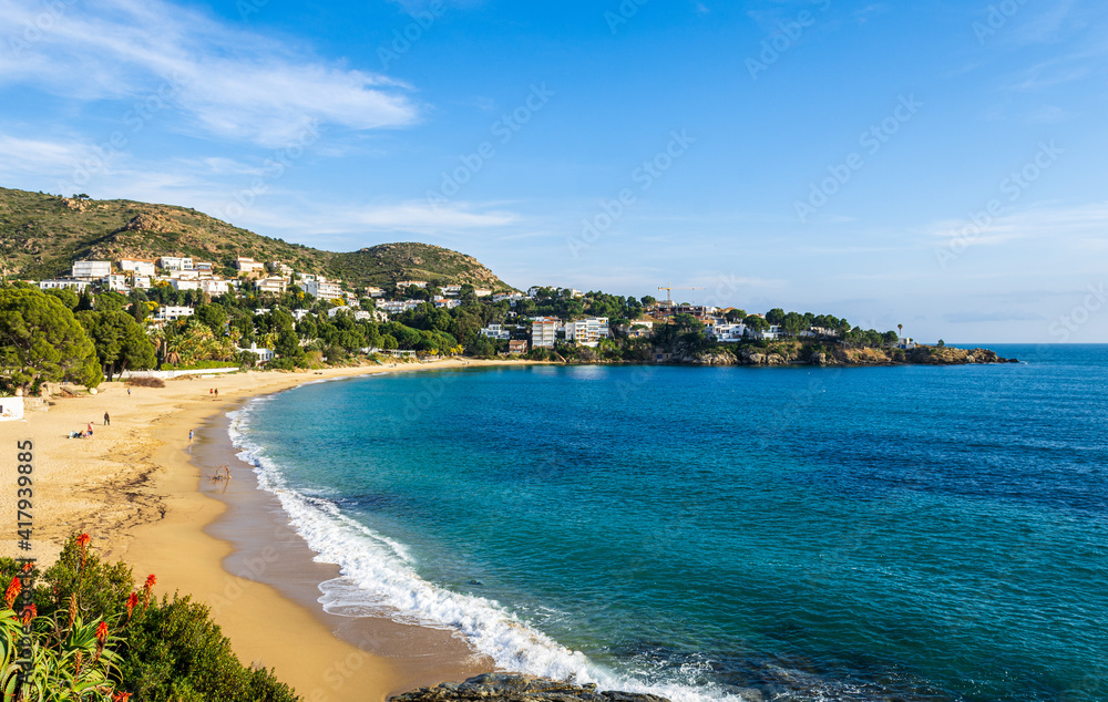 Panorama over the beautiful beach l'Almadrava in the gulf of Rosas, Mediterranean sea, Costa Brava, Catalonia, Spain Panorama over the beautiful beach l'Almadrava in the gulf of Rosas, Mediterranean sea, Costa Brava, Catalonia, Spain
