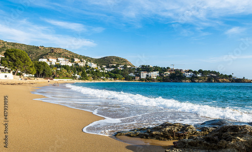 Panorama over the beautiful beach l'Almadrava in the gulf of Rosas, Mediterranean sea, Costa Brava, Catalonia, Spain