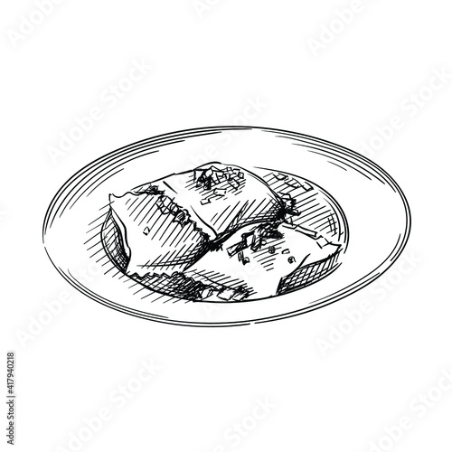 Hand drawn sketch of German German Maultaschen Dumplings on a white background. German cuisine. Food. Meals. 