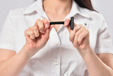 Woman break down razor, concept of choosing depilation and refusing disposable razors