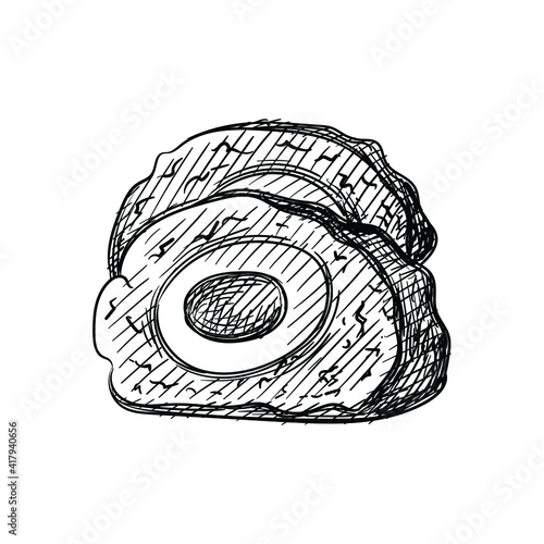 Hand drawn sketch of German meatloaf with egg on a white background. German cuisine. Food. Meals. 