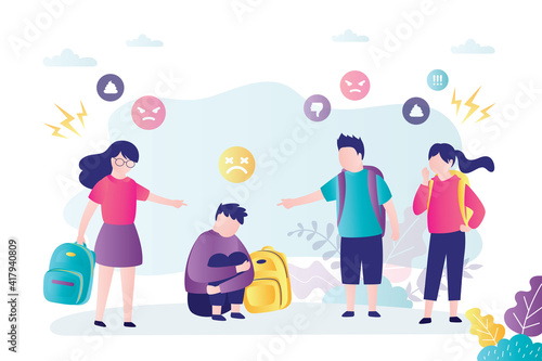 Group of children laughs and mocks schoolboy. Bullying and humiliation at school or college.