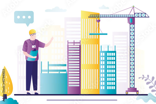 Building work process with unfinished houses and machines. Сonstruction highrise home or condo house with crane. An engineer or supervisor leads the construction process.