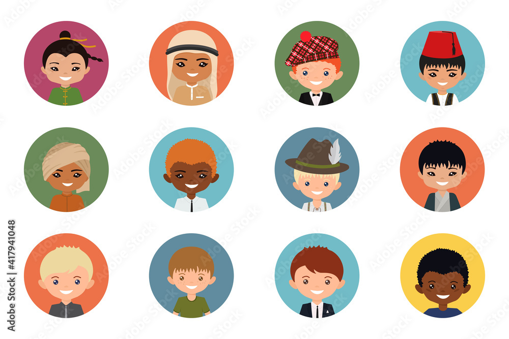 User icons of men of different nation on multicolor background. Cartoon flat style User icons of men of different nation on multicolor background. Cartoon flat style